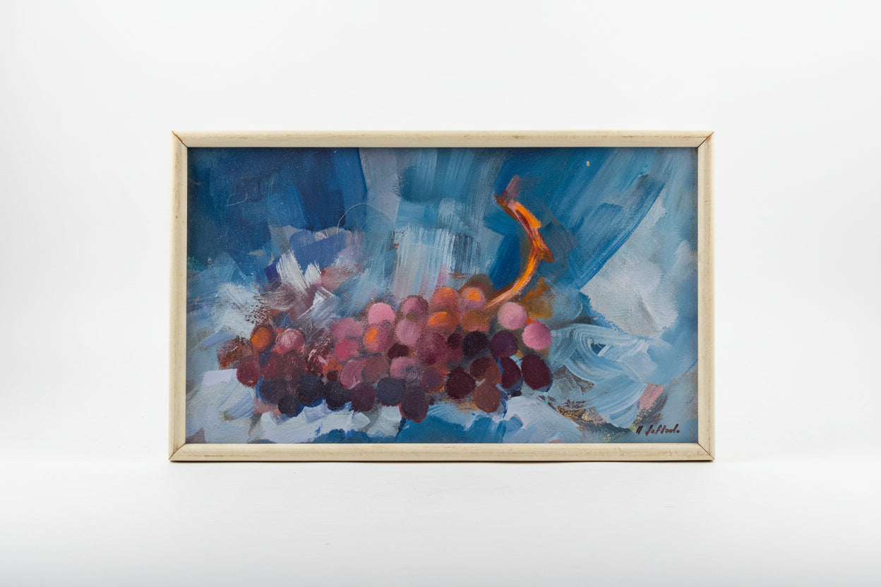 French Grapes acrylic artwork by The Vault Creative showing a vibrant, realistic depiction of purple grapes on a neutral background.