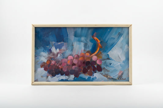 French Grapes acrylic artwork by The Vault Creative showing a vibrant, realistic depiction of purple grapes on a neutral background.