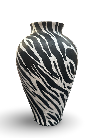 ARH Zebra Vase by The Vault Creative featuring a black and white zebra stripe design on a ceramic decorative vase.