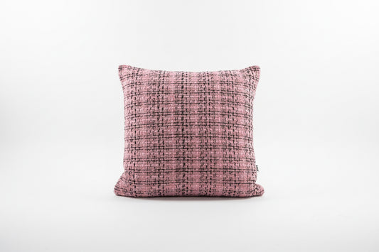 Pink and black sparkle tweed throw pillow by The Vault Creative with a textured, stylish design for decorative home accents.