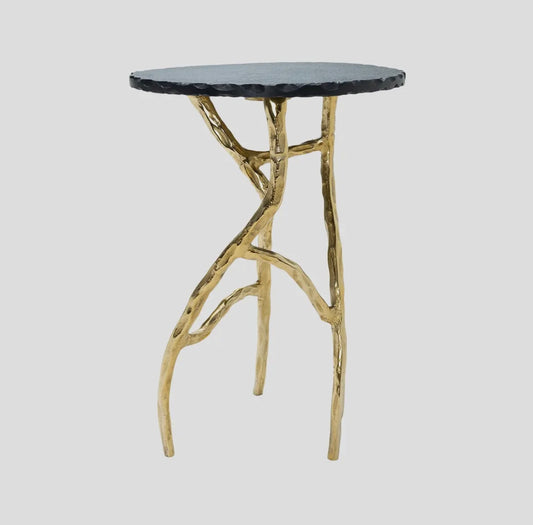 Modern Alarine table by The Vault Creative with sleek wooden surface and sturdy metal legs, ideal for living or dining spaces.