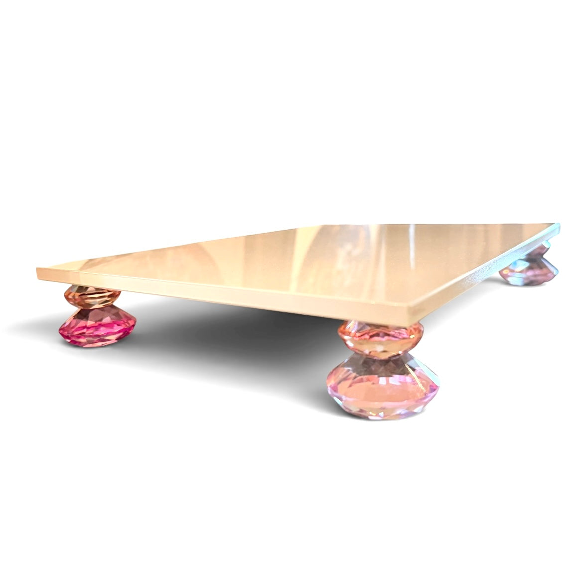 White diamond stack crystal tray by Allison Pearl Design, featuring sparkling crystal accents and layered design for elegant display.