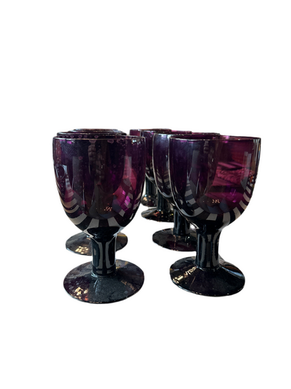 Set of seven Mid Century Polish Goblets by Ozmun Home, elegant glassware with vintage design, displayed on a neutral background.