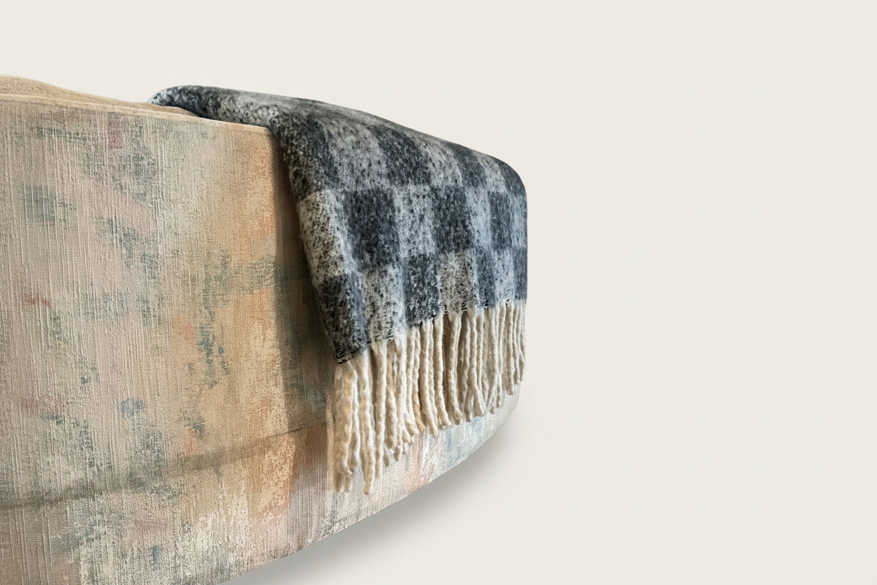 French cozy chunky checkered throw blanket from The Vault Creative, featuring a warm, soft woven pattern in checkered design.