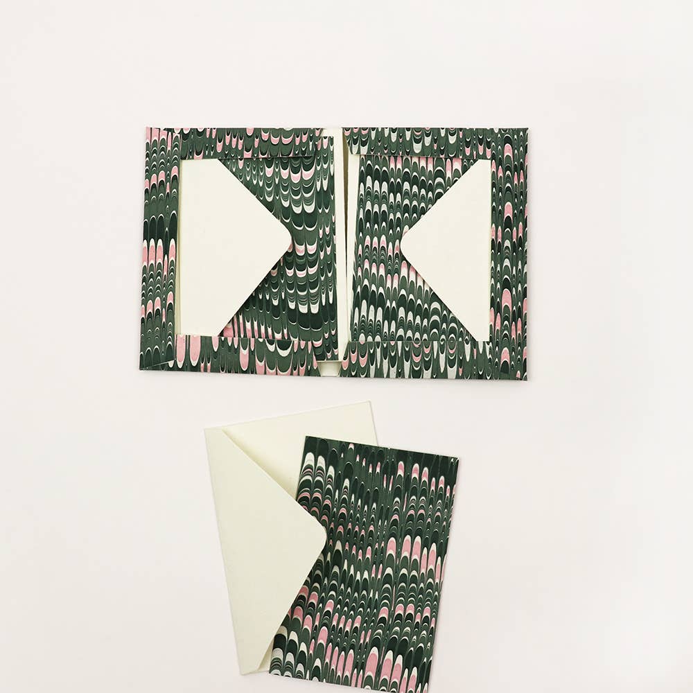 Green hand-marbled greeting card set by Craft Boat featuring unique, artistic marbled designs on high-quality paper.