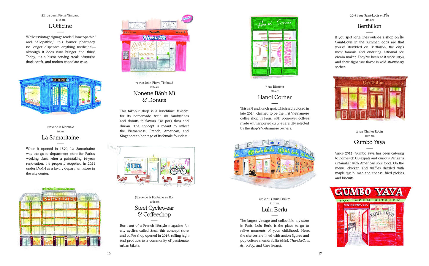 Illustration of Paris shopfronts from the book by Penguin Random House LLC, showcasing charming storefronts and Parisian street scenes.