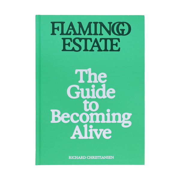 Open book titled "Flamingo Estate: The Guide to Becoming Alive" by Chronicle Books, featuring vibrant cover art and colorful illustrations.