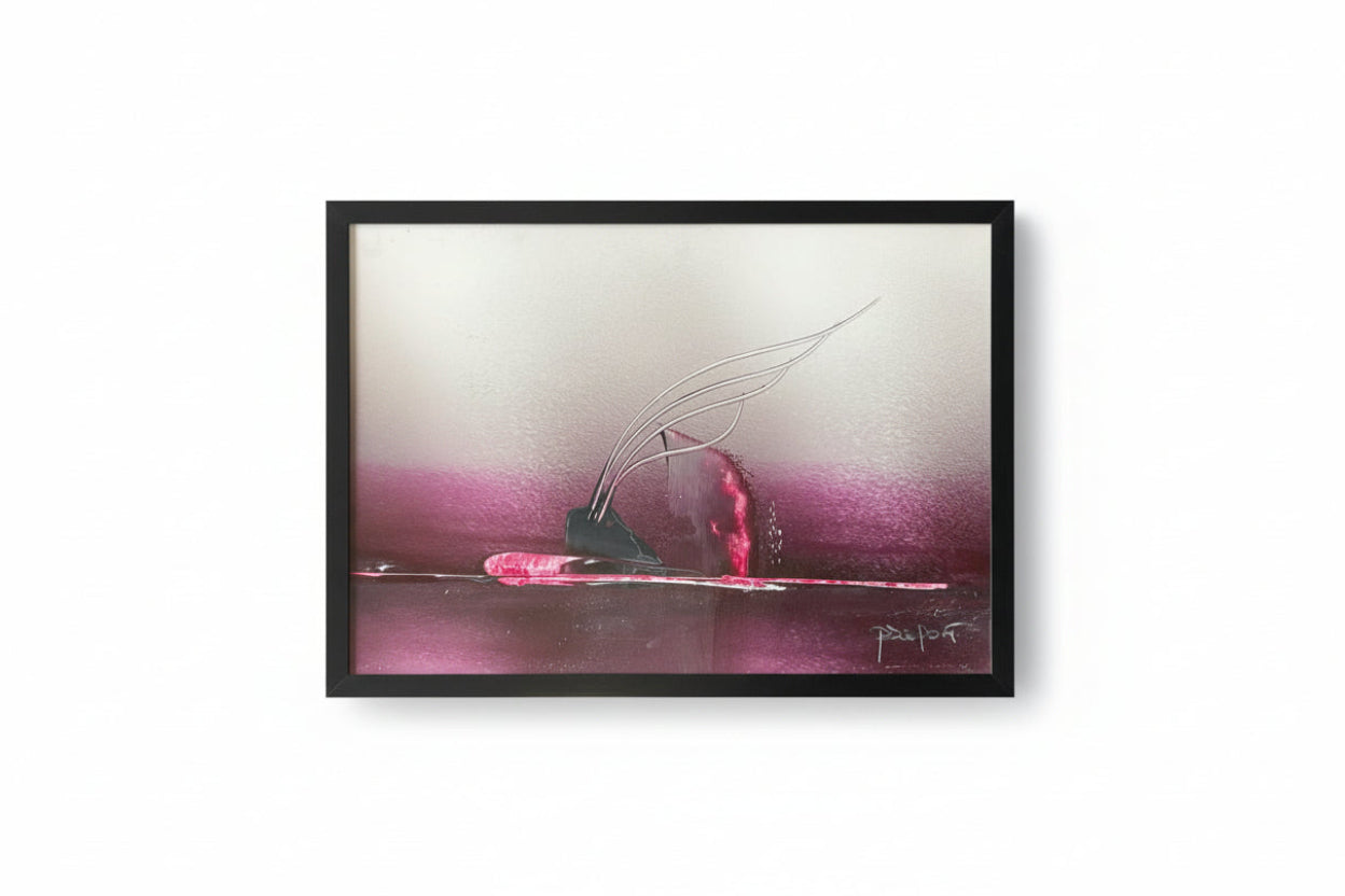 Fucsia vintage framed Miami art print by Stone Textile Studio featuring vibrant, retro cityscape artwork in a classic frame.