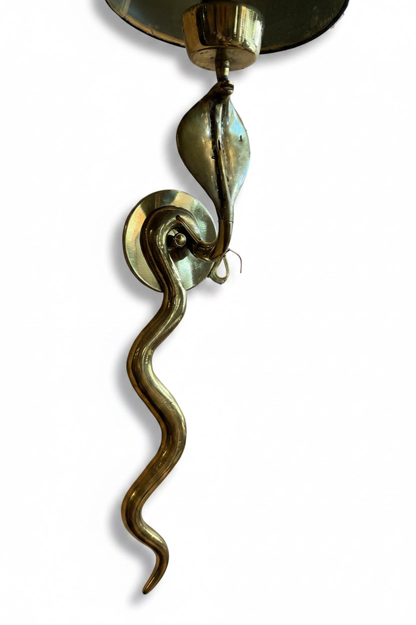 Pair of vintage brass snake sconces with ornate detailing, designed for wall mounting and decorative lighting.