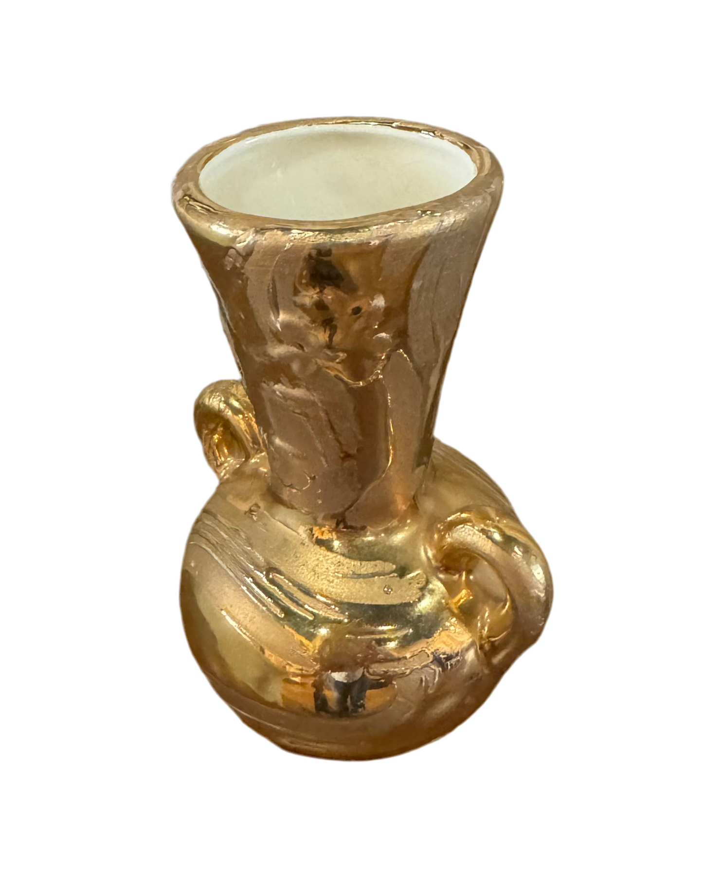 Small gold ceramic vase by The Vault Creative, with a glossy finish and elegant shape for home decor.