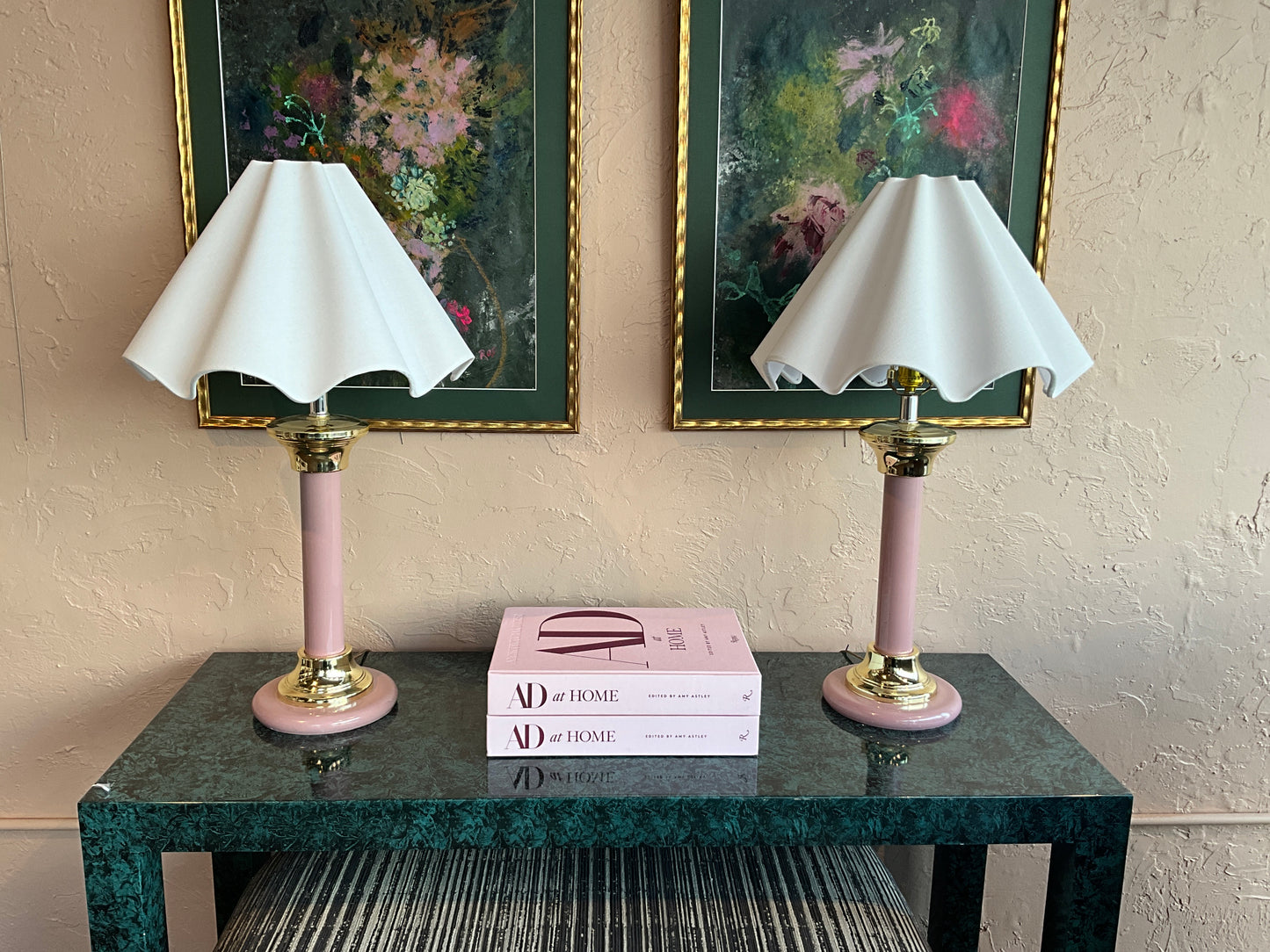 Vintage enamel lamp with scalloped shade by The Vault Creative, showcasing a classic design and intricate enamel detailing.