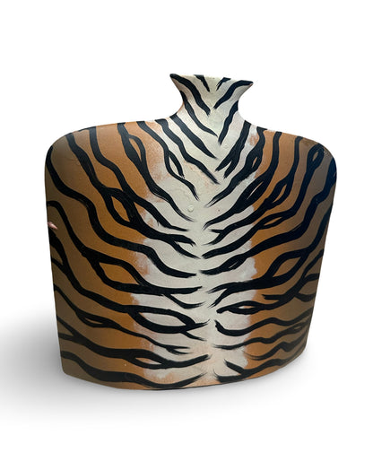 Hand-painted tiger stripe vase by Amber Rene Hansen featuring bold black and orange tiger stripe design, ceramic art piece.