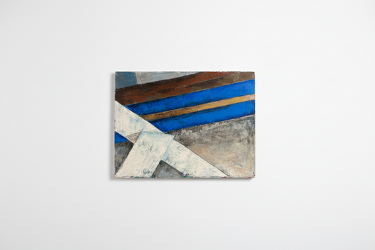 Blue stripe abstract art by The Vault Creative featuring bold blue and white brushstrokes on canvas.