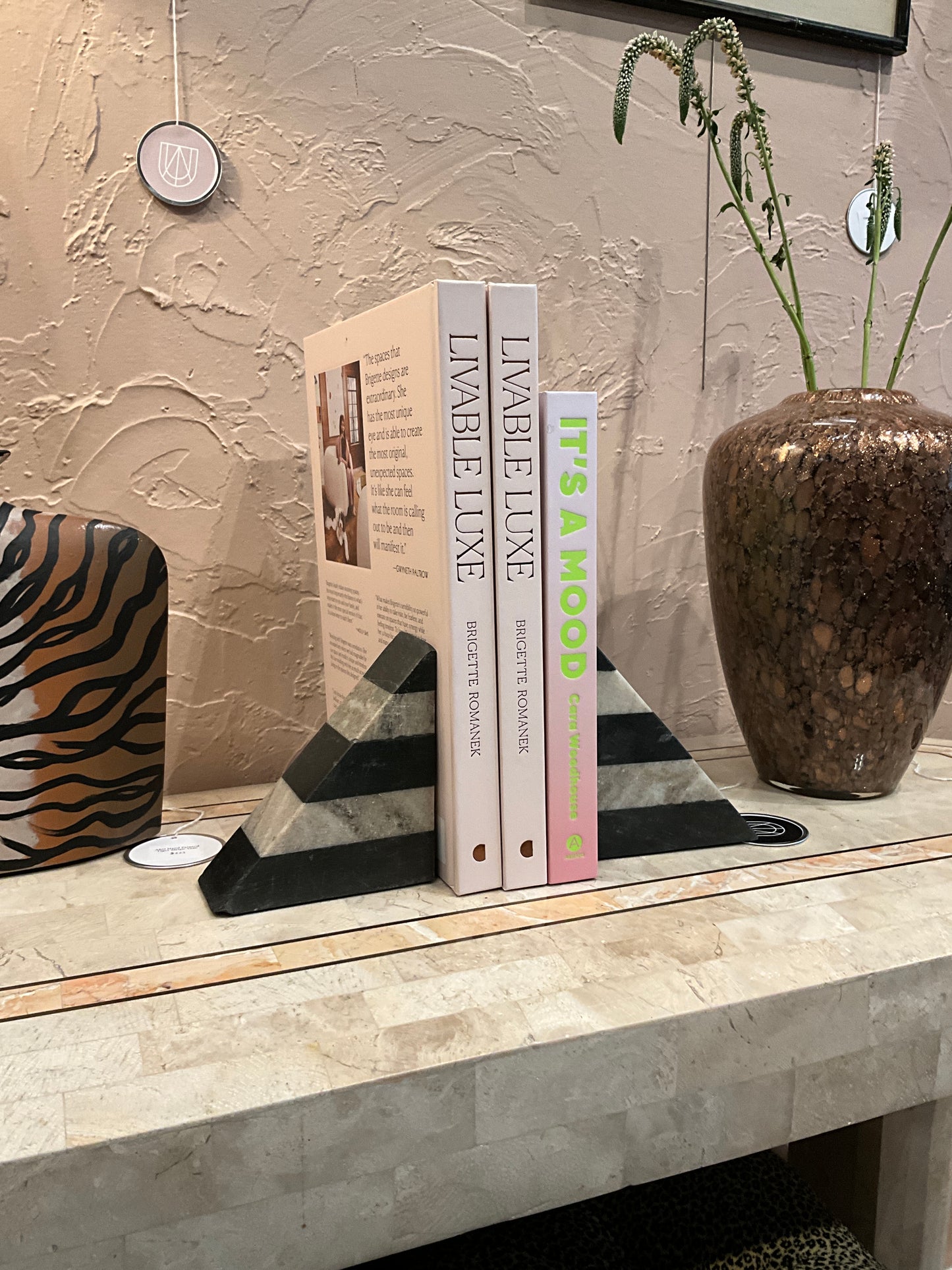 Vintage stone stripe bookends by The Vault Creative with a classic striped pattern and sturdy design for holding books upright.
