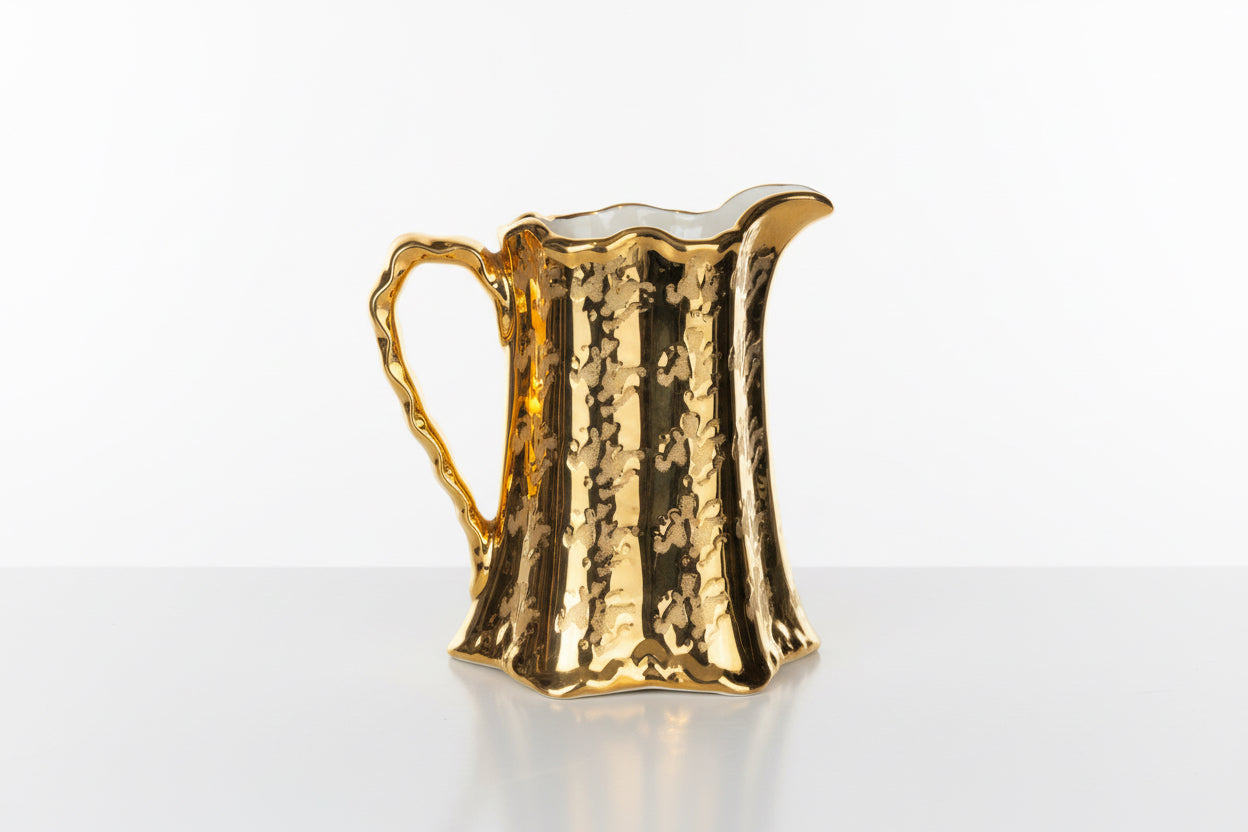 Weeping Gold pitcher by The Vault Creative, featuring a glossy gold finish and elegant design, displayed on a neutral background.