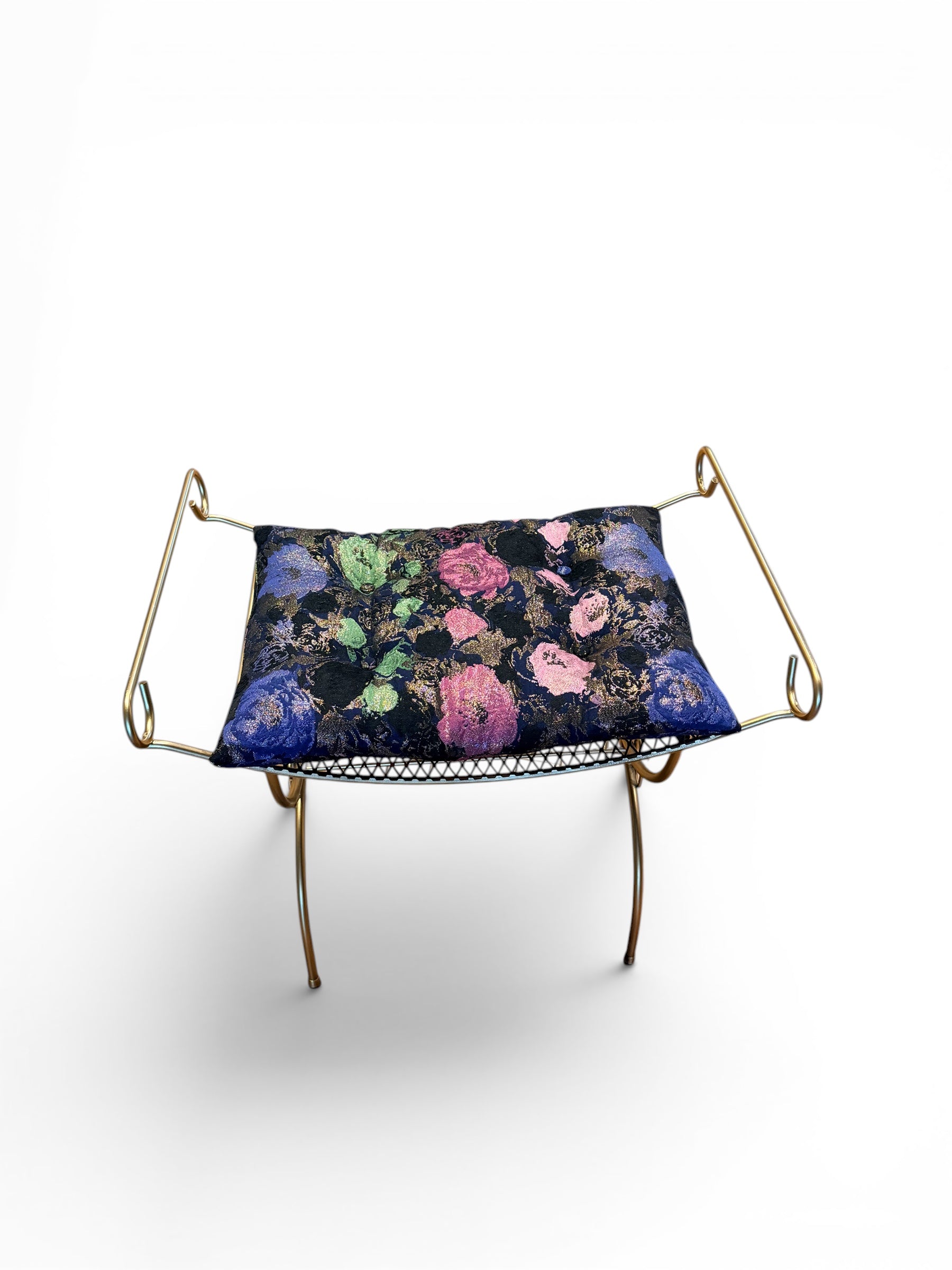 Vintage gold vanity bench with ornate design and cushioned seat, crafted by The Vault Creative.