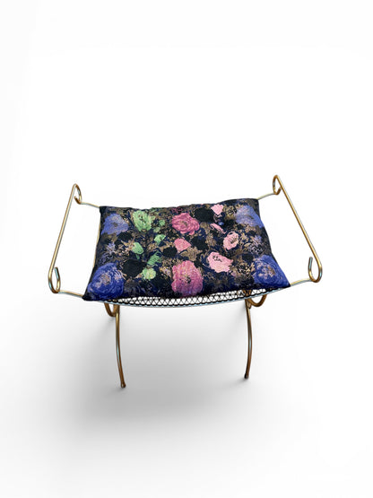 Vintage gold vanity bench with ornate design and cushioned seat, crafted by The Vault Creative.
