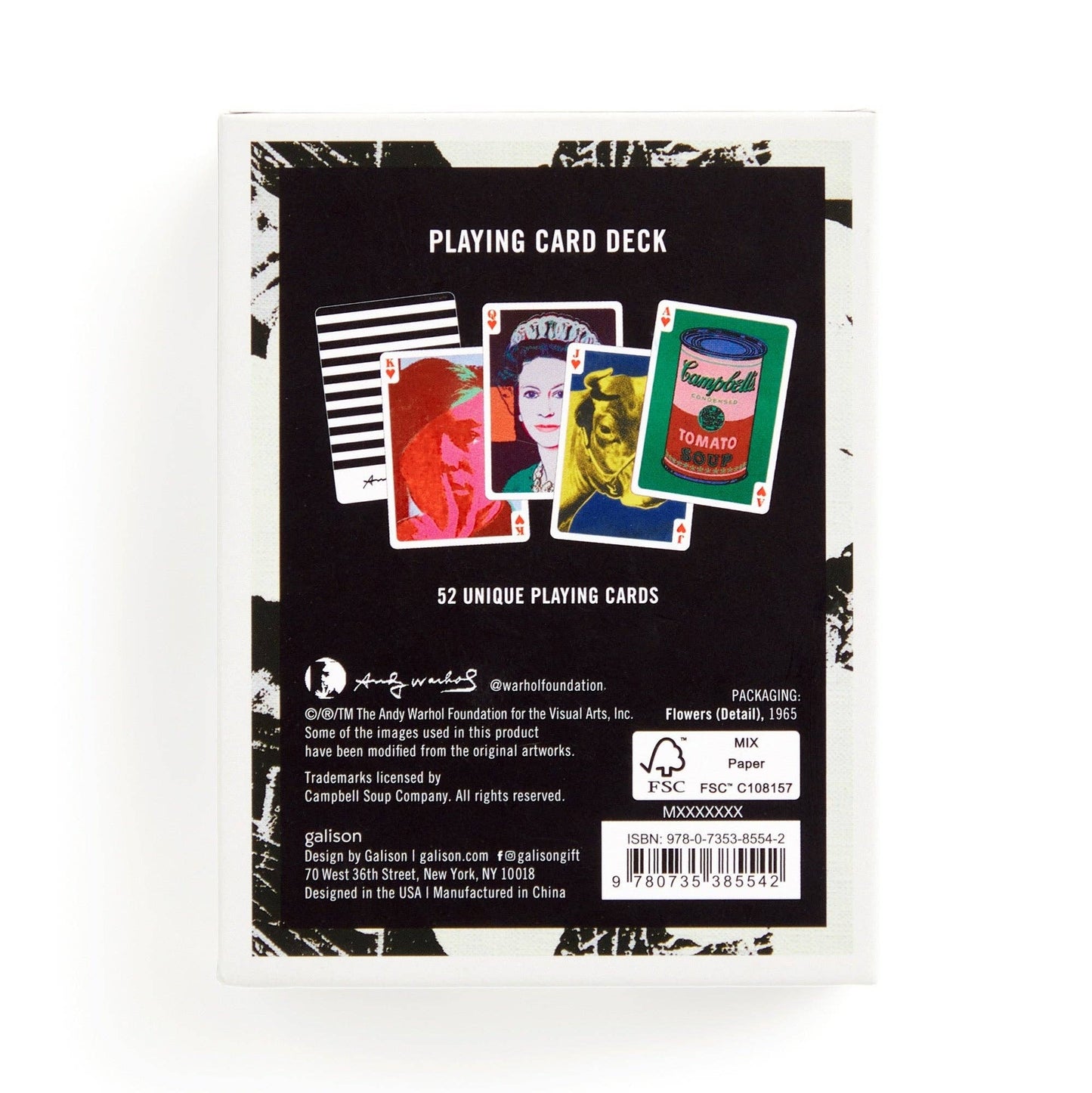 Warhol Pop Art playing card deck by Chronicle Books, featuring colorful Andy Warhol-inspired designs on standard playing cards.