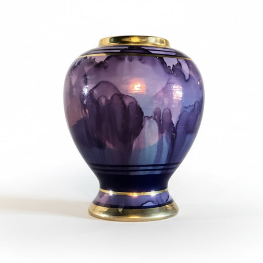 Purple watercolor mini vase by The Vault Creative with a smooth, rounded shape and vibrant purple and blue watercolor design.