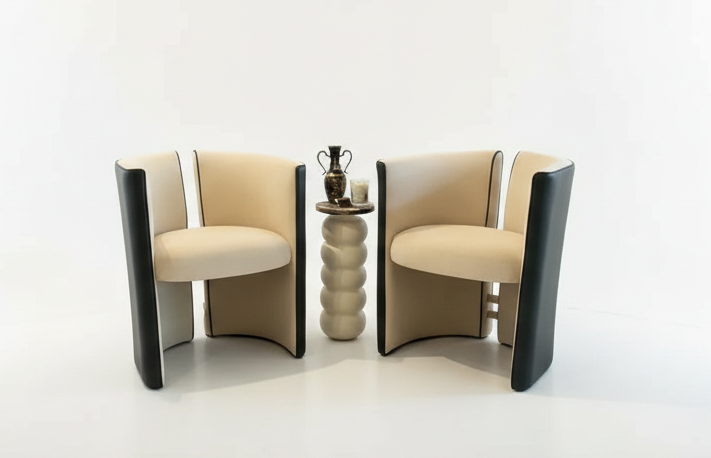 Mohair and leather split back chair by The Vault Creative with wooden legs and plush upholstery, showcasing modern design.