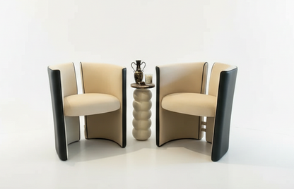 Mohair and leather split back chair by The Vault Creative with wooden legs and plush upholstery, showcasing modern design.