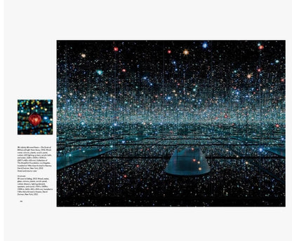 Open book titled "Yayoi Kusama: Infinity Mirrors" by Ozmun Home showcasing vibrant images of Kusama's iconic mirror art.