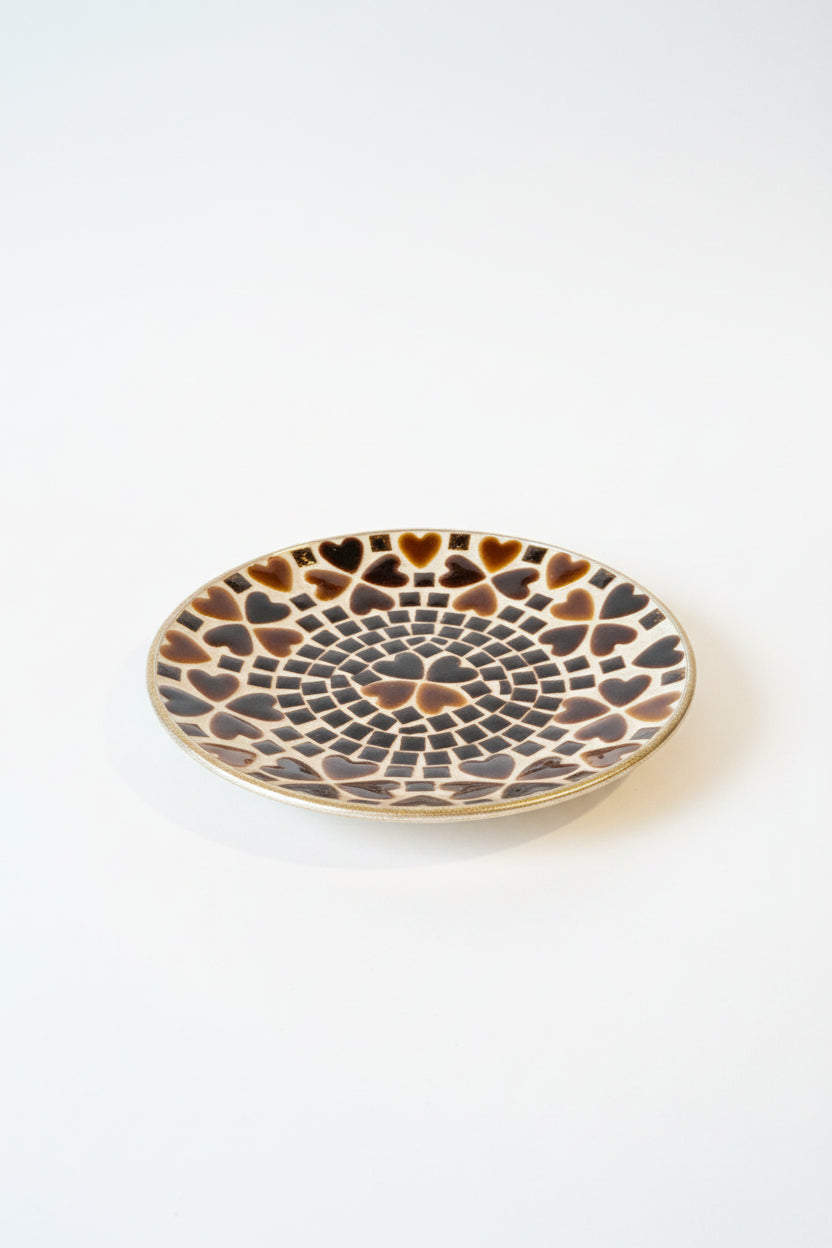 Heart mosaic plate by The Vault Creative with colorful mosaic tile design and a smooth, rounded edge.