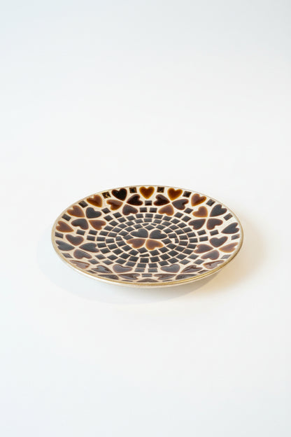 Heart mosaic plate by The Vault Creative with colorful mosaic tile design and a smooth, rounded edge.