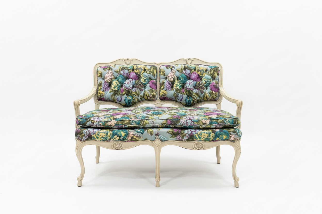 Small flower-patterned loveseat bench by The Vault Creative with cushioned seating and wooden legs.