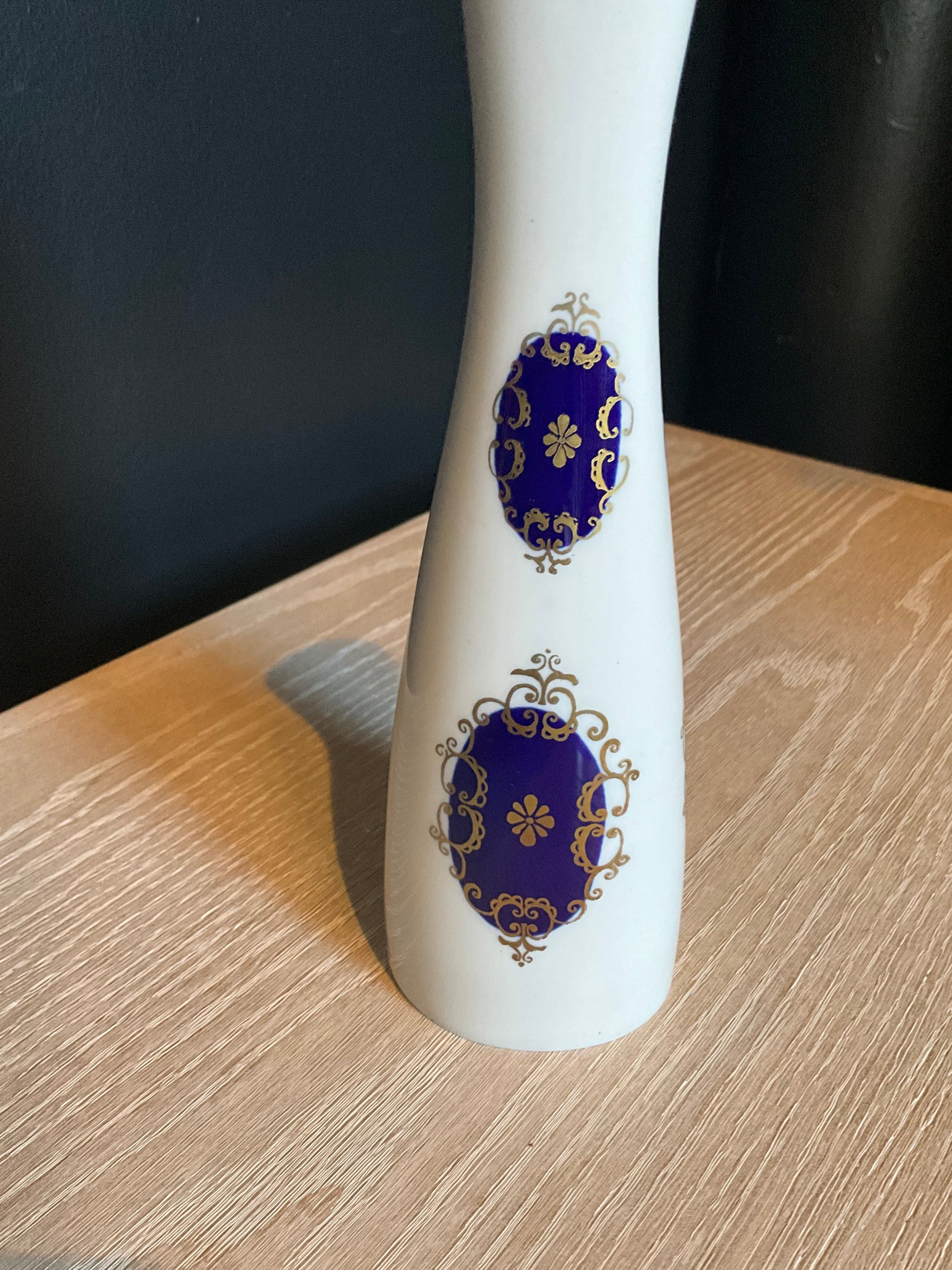 White and blue Echt Kobalt small porcelain vase by The Vault Creative with intricate patterns and a glossy finish.
