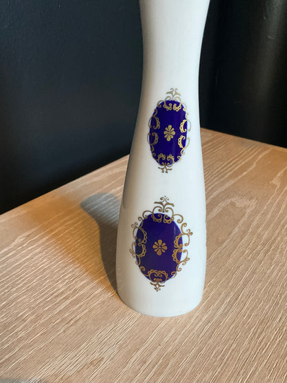 White and blue Echt Kobalt small porcelain vase by The Vault Creative with intricate patterns and a glossy finish.