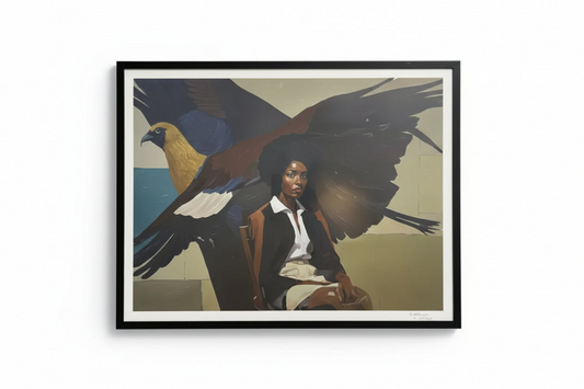 Signed Spirid Bird art print by Rebecca Aldernet from The Vault Creative, featuring detailed bird illustration on textured paper.