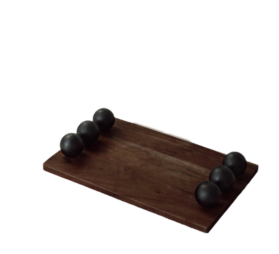 Black and walnut Big Baller Tray by The Vault Creative, showcasing a stylish, handcrafted wooden serving tray with handles.