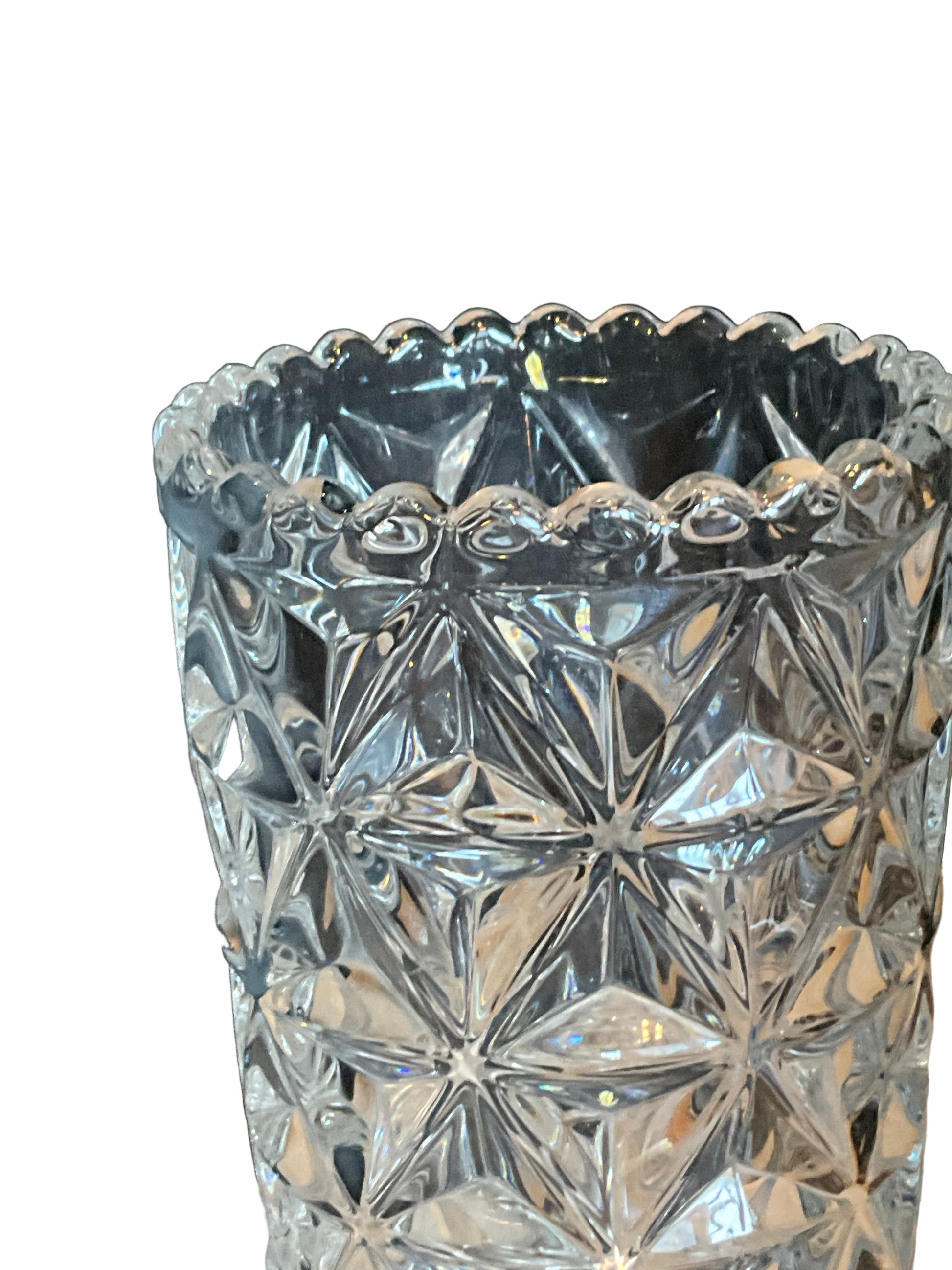 Mid century glass scalloped vase by The Vault Creative, featuring a vintage-inspired design with a textured, scalloped edge.