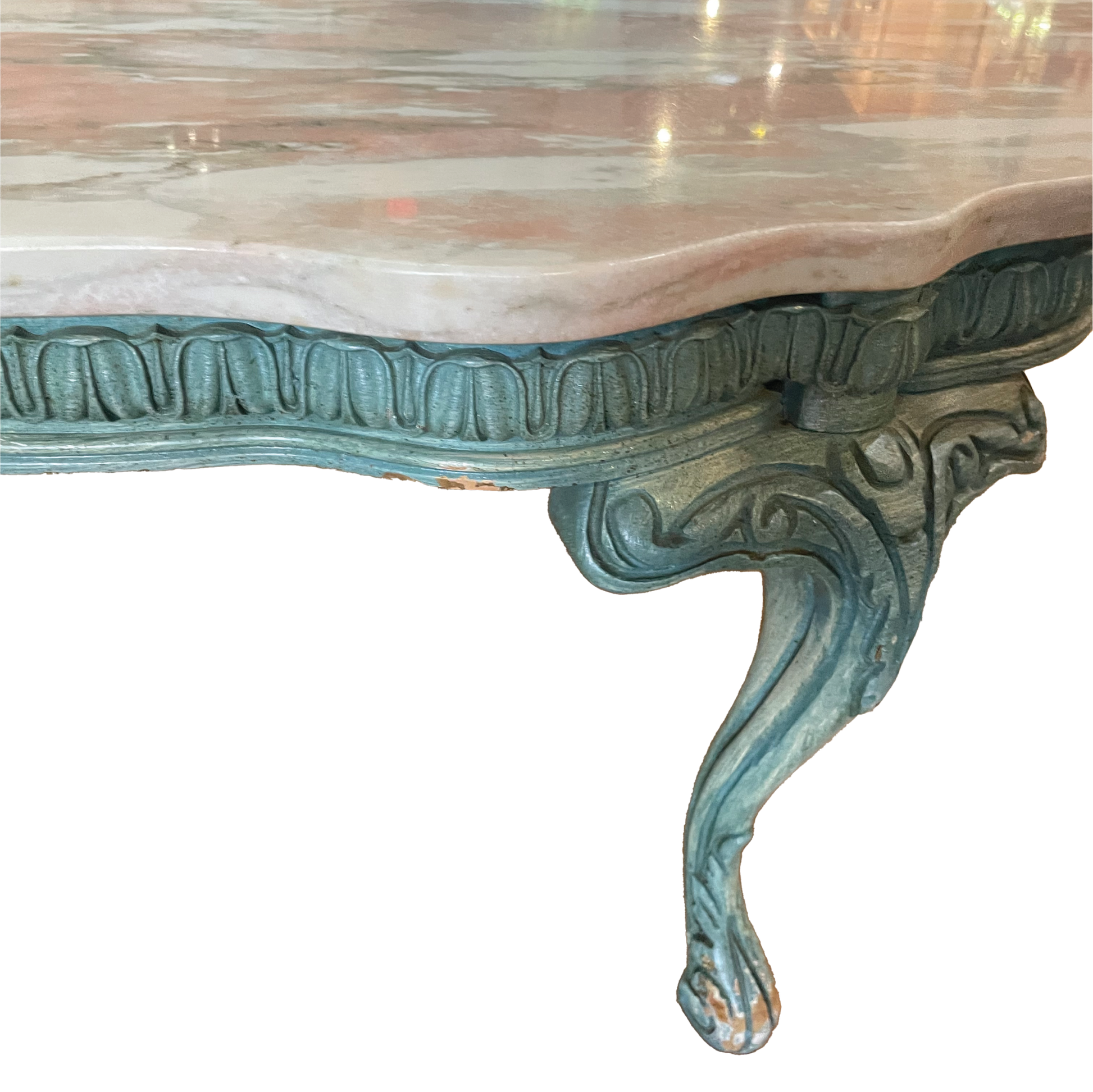 Pink marble coffee table by Ozmun Home with sleek modern design and rounded edges, perfect for contemporary living rooms.