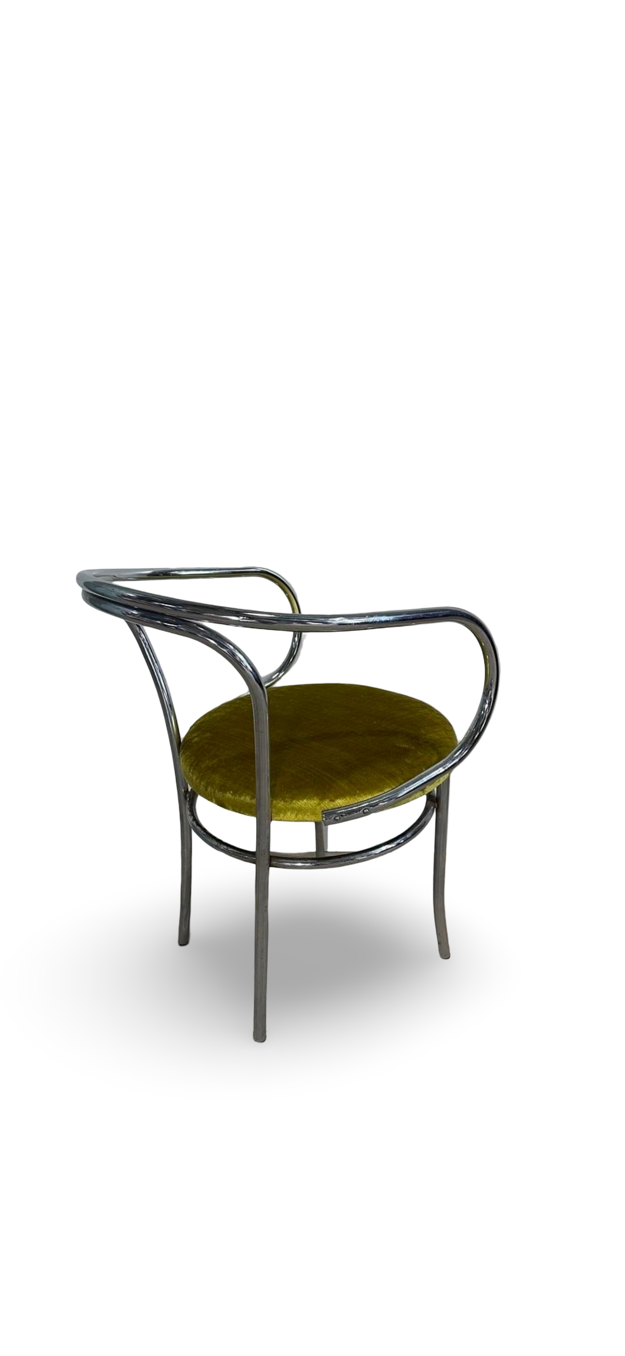 Set of four Ozmun Home chrome Thonet chairs with sleek, curved design and metal frames, arranged on a neutral background.