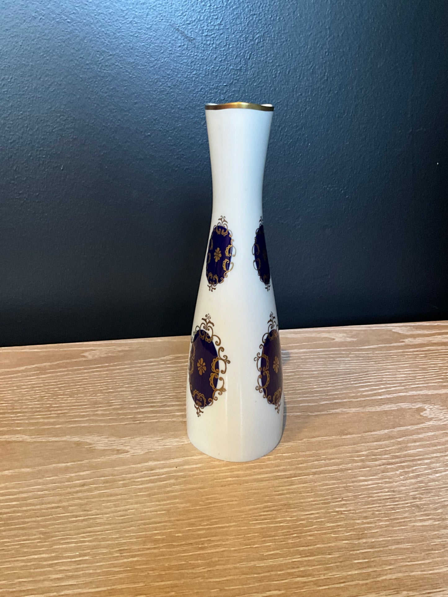 White and blue Echt Kobalt small porcelain vase by The Vault Creative with intricate floral patterns on smooth ceramic.