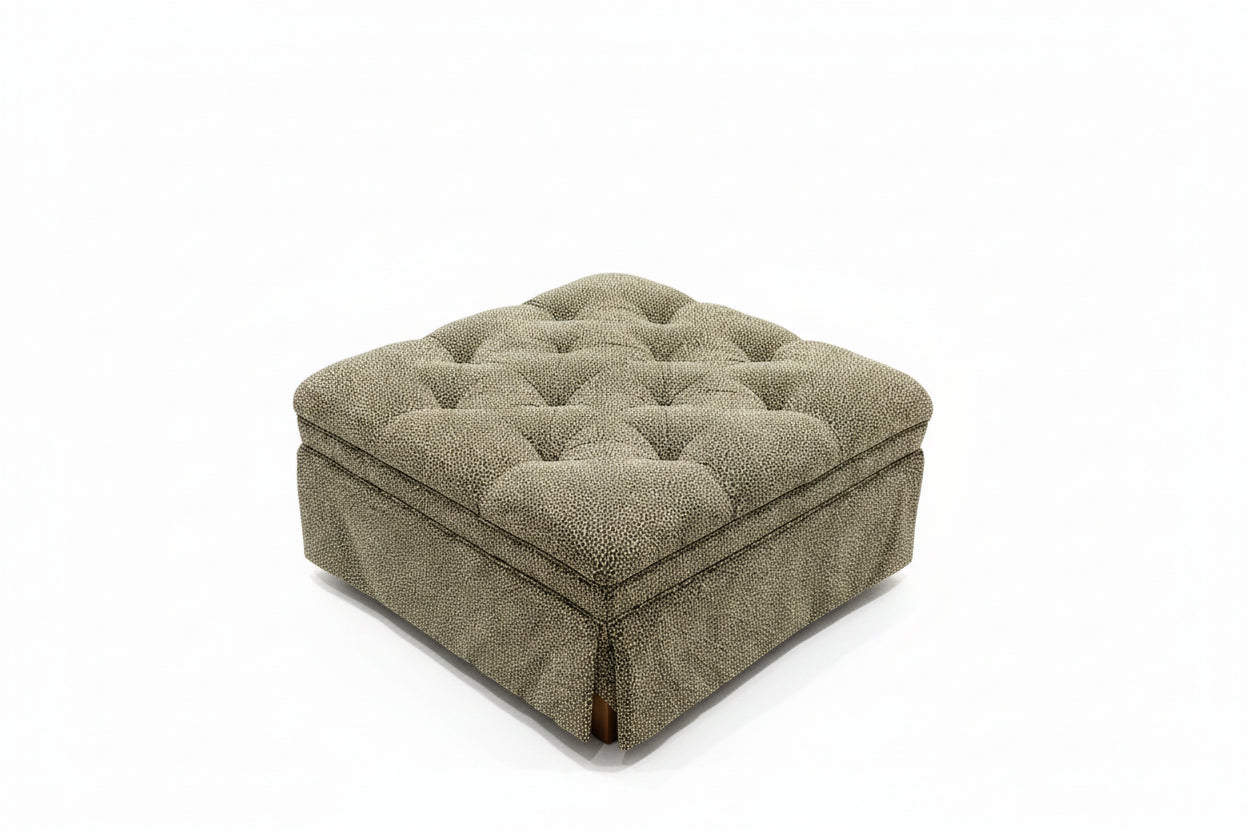 Square Leopard ottoman by The Vault Creative featuring a bold leopard print fabric and sturdy wooden legs.