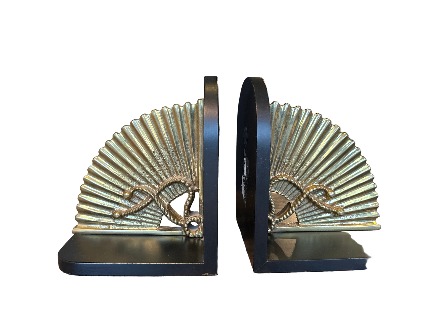 Vintage fan-shaped bookends by The Vault Creative featuring a classic metal fan design, perfect for stylish bookshelf decor.