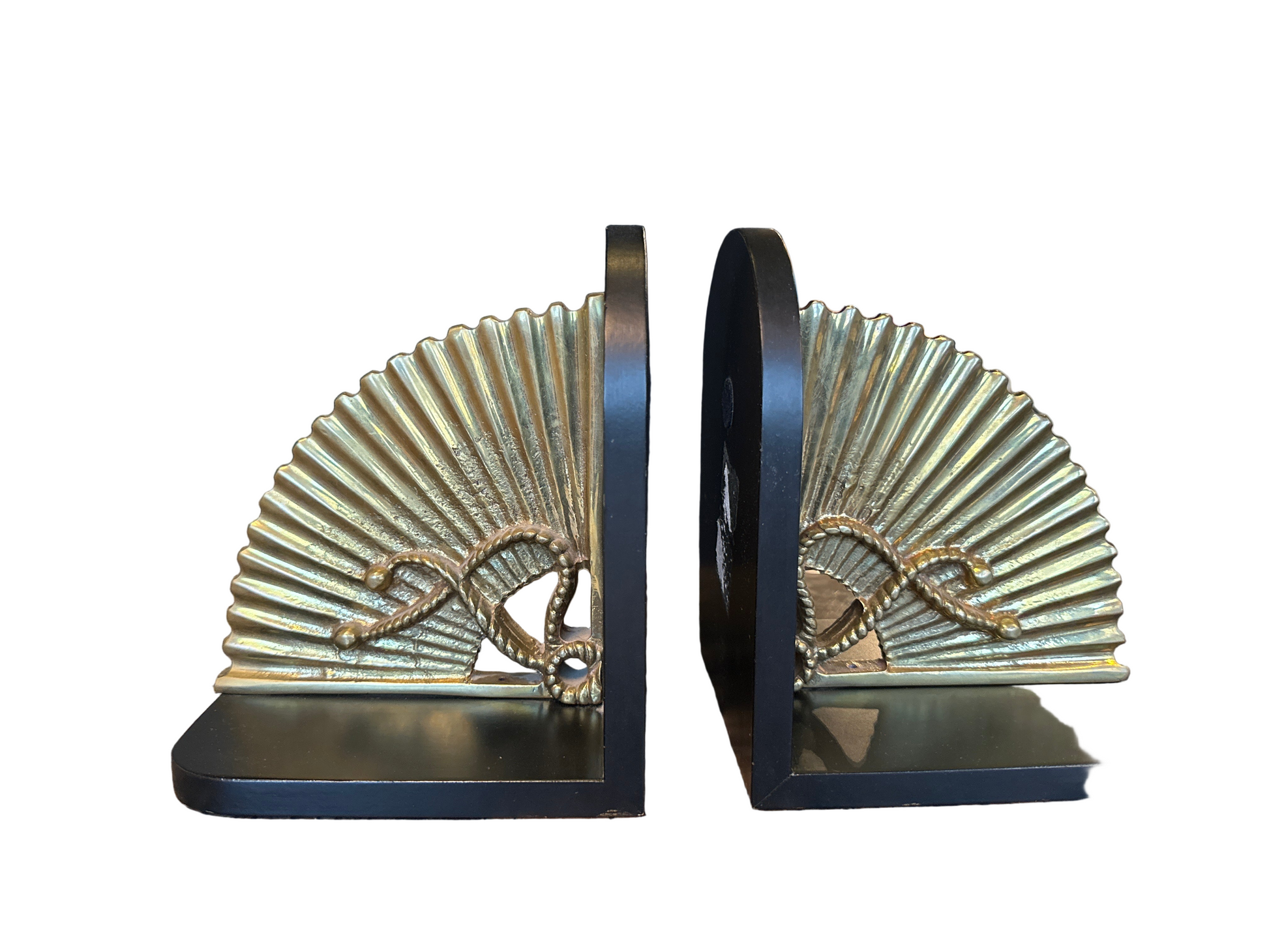 Vintage fan-shaped bookends by The Vault Creative featuring a classic metal fan design, perfect for stylish bookshelf decor.