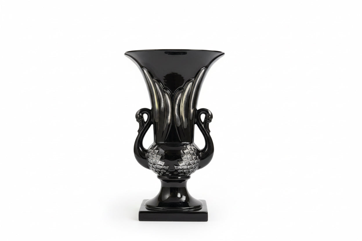 Vintage black amphora vase by The Vault Creative, featuring a classic ceramic design with narrow neck and wide base.