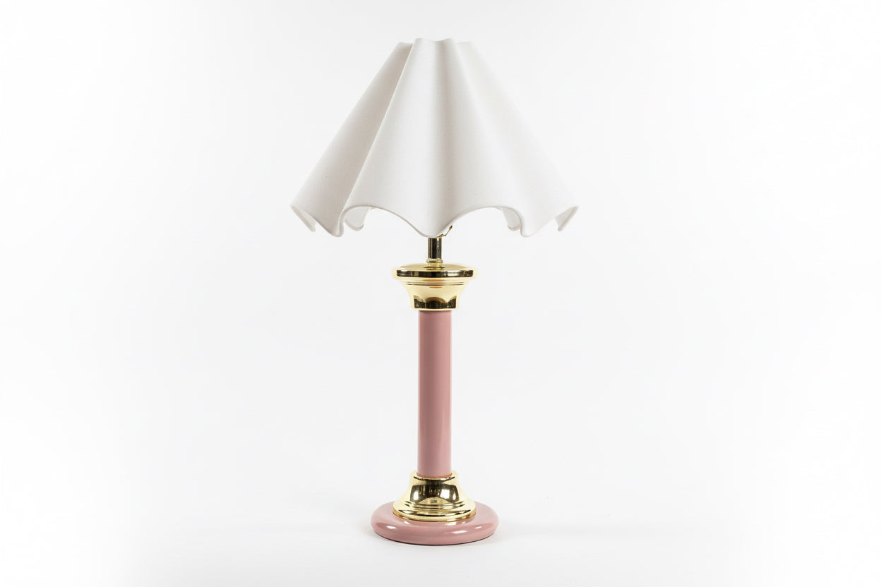 Vintage enamel lamp with scalloped shade by The Vault Creative, featuring a classic design and intricate detailing.