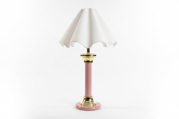 Vintage enamel lamp with scalloped shade by The Vault Creative, featuring a classic design and intricate detailing.