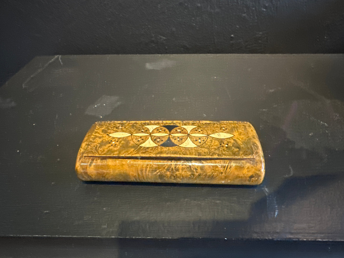 Elegant French wood inlay box with intricate craftsmanship, showcasing detailed wood patterns and a polished finish.