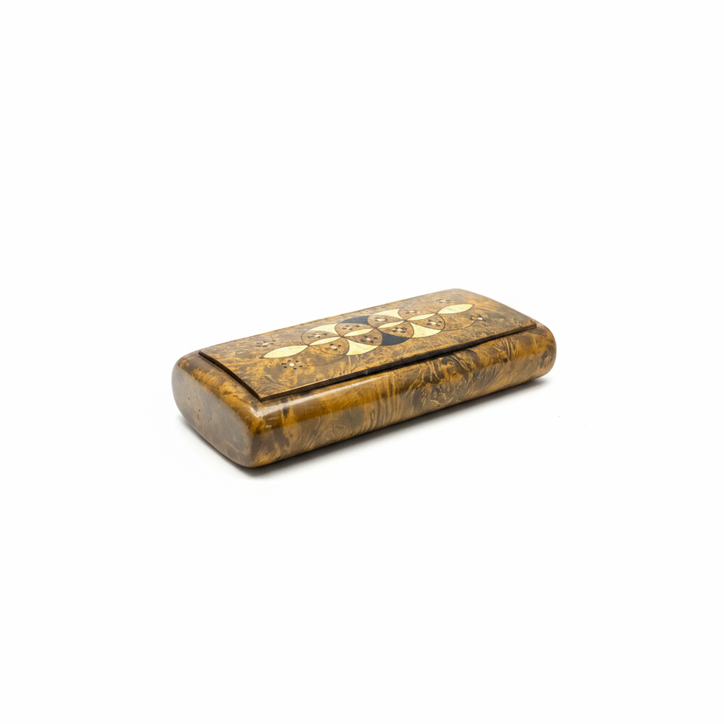 French wood inlay box from The Vault Creative with intricate wood inlay design and polished wooden finish.