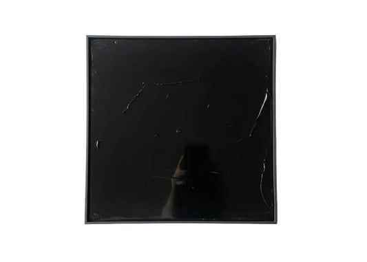 Black glossy painting by The Vault Creative featuring a sleek, reflective surface with abstract artistic design.