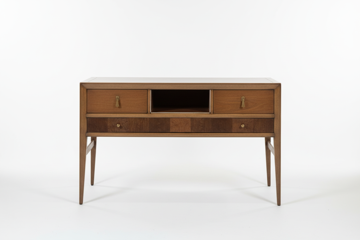 Mid-century console table by Ozmun Home featuring sleek wood finish and minimalist design, ideal for entryways or living rooms.