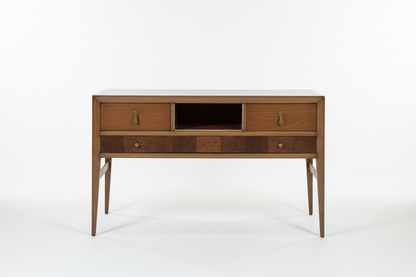Mid-century console table by Ozmun Home featuring sleek wood finish and minimalist design, ideal for entryways or living rooms.