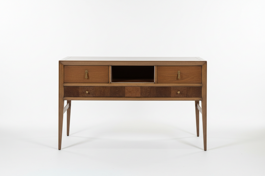 Mid-century console table by Ozmun Home featuring sleek wood finish and minimalist design, ideal for entryways or living rooms.