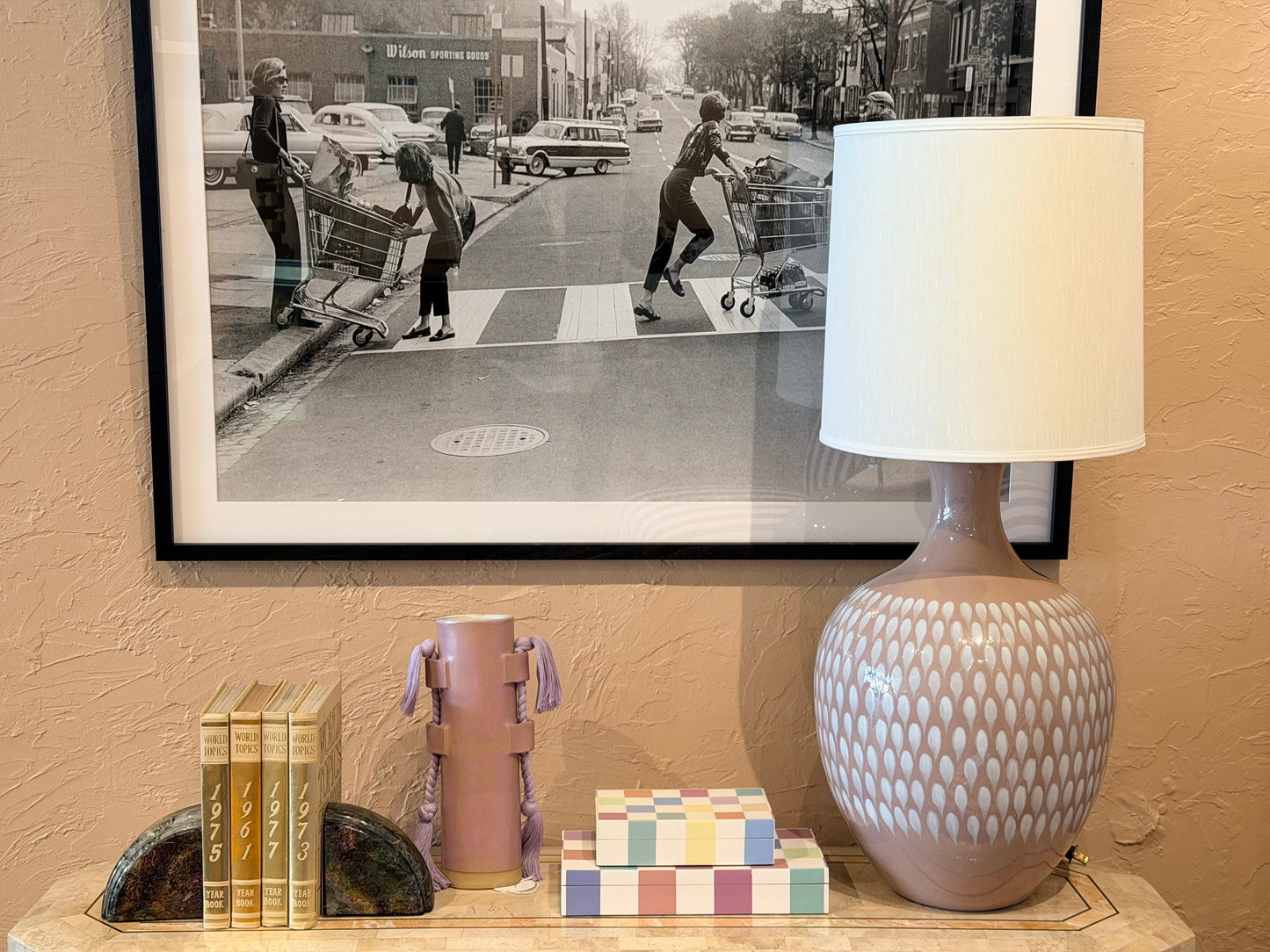 Dusty lavender 70’s lamp by The Vault Creative with a vintage design and warm light, perfect for retro-style decor.